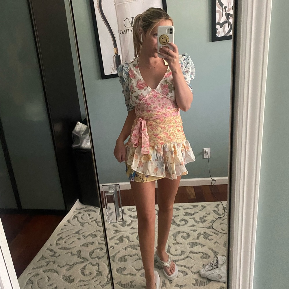 Pastel Floral Mini Day Dress With Tie Front
